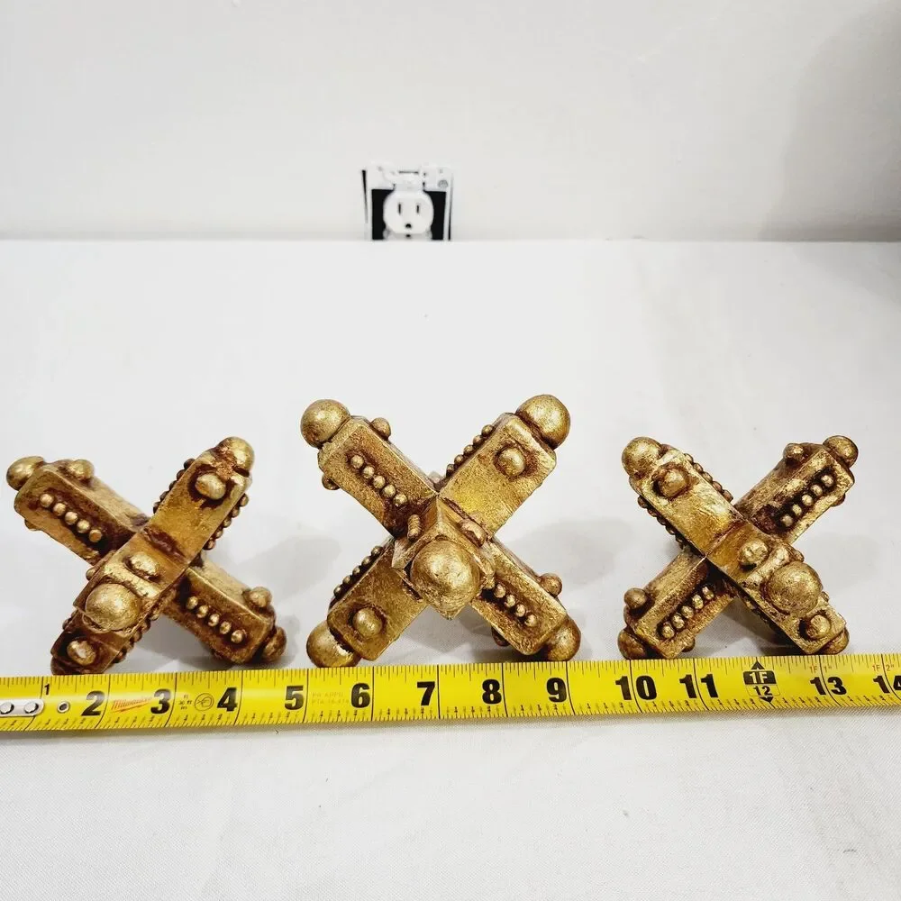 Set of 3 Vintage Gold Jacks Decor Large Mid Century MCM Distressed Paperweight